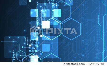 A technical background using technological lines, squares, and hexagons combined into an art composition. 129085181