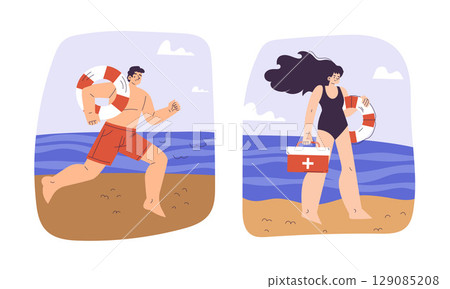 Lifeguards are actively on duty and present at the beach to ensure everyones safety and enjoyment 129085208