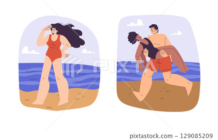 Fun Beach Moments A Couple Enjoys Their Summer Time Together in the Sand and Sunshine 129085209