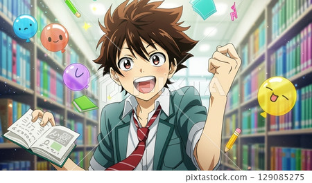 Towards his dream! An anime-style boy studying seriously 129085275