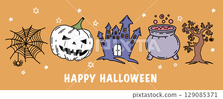 Halloween set with pumpkin, hat, hand drawn illustrations Halloween set with pumpkin, hat, hand drawn illustrations 129085371