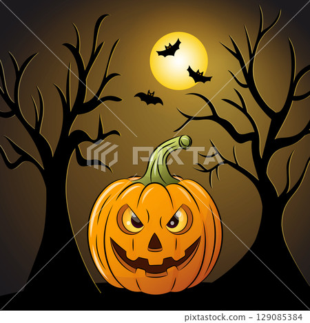 Halloween card with pumpkin on dark background 129085384