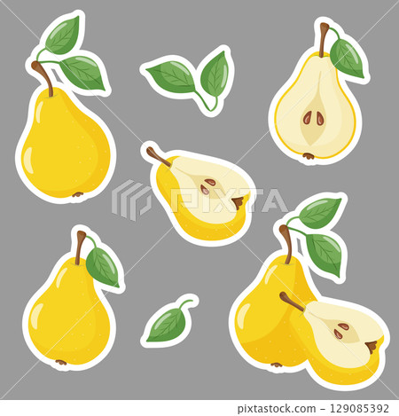 Set of stickers yellow pears with leaves 129085392