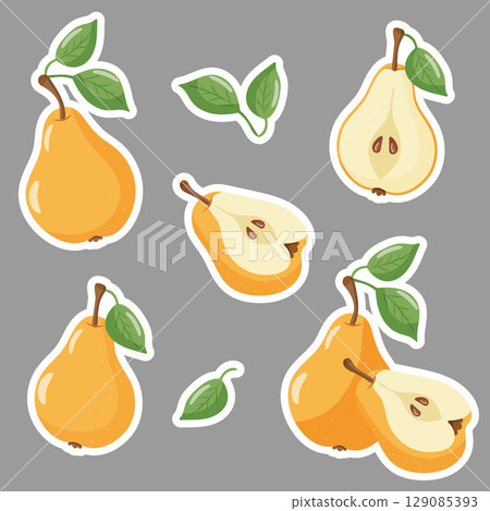Set of stickers orange pears with leaves Set of stickers orange pears with leaves 129085393