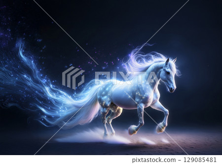 A fantastic white horse covered in aurora light particles A fantastic white horse covered in aurora light particles 129085481
