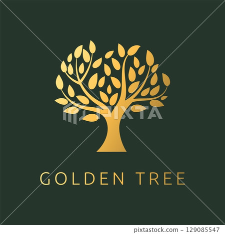 Golden tree. Logo design. Plant natural logotype. Gold organic foliage, premium quality luxury emblem or badge. Forest herbal branch symbol. Vector minimalistic decorative leaves isolated illustration Golden tree. Logo design. Plant natural logotype. Gold organic foliage, premium quality luxury emblem or badge. Forest herbal branch symbol. Vector minimalistic decorative leaves isolated illustration 129085547