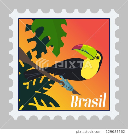 Travel map. Time to tourism. Toucan bird on tree branch. Tropical palm leaves. Square postmark. Summer vacation in Brazil. Tropical journey. Mailing sticker for scrapbook. Vector trip postal stamp 129085562