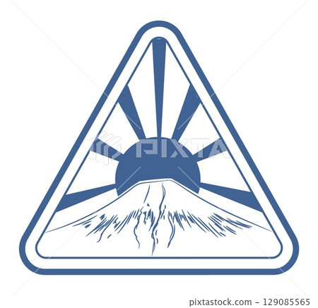 Travel map icon. Tourism patch. Mountain sunrise. Silhouette sun rays. Extreme vacation label. Journey tour retro logo. Rock climbing. Mountaineering adventure. Vector isolated triangle blue sticker Travel map icon. Tourism patch. Mountain sunrise. Silhouette sun rays. Extreme vacation label. Journey tour retro logo. Rock climbing. Mountaineering adventure. Vector isolated triangle blue sticker 129085565