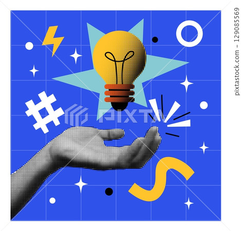 Hand hold lamp. Idea symbol. Paper halftone monochrome arm. Abstract background. Business brainstorm or education concept. Social media post design. Vector cartoon flat style isolated illustration Hand hold lamp. Idea symbol. Paper halftone monochrome arm. Abstract background. Business brainstorm or education concept. Social media post design. Vector cartoon flat style isolated illustration 129085569