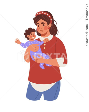 Mother hold baby. Happy mom with newborn child. Cute trendy character isolated. Son or daughter smiling. Motherhood and parenthood concept. Family together. Vector cartoon flat style illustration 129085573