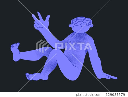 Cubism drawing. Man pose. Happy emotion expression. Mental health. Trendy guy sitting and waving hand. Blue human body painting. Summer relaxation. Emotion expression. Greeting gesture. Vector concept 129085579