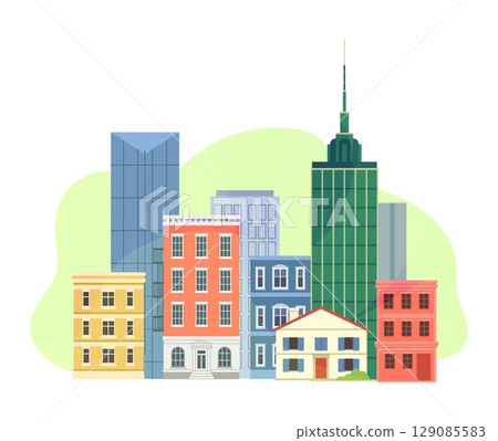 City landscape. Skyscrapers and houses composition, cityscape emblem, town buildings. Minimal design. Architectural panorama. Construction facade, vector cartoon flat style isolated illustration City landscape. Skyscrapers and houses composition, cityscape emblem, town buildings. Minimal design. Architectural panorama. Construction facade, vector cartoon flat style isolated illustration 129085583