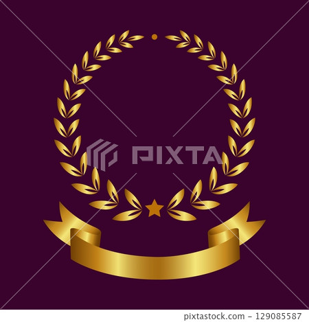 Award gold. Laurel wreath frame and gold ribbon, empty flag, golden leaf, celebration winners, certificate or logo art element. Design template. Premium quality medal. Vector isolated illustration 129085587