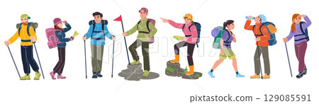 Hiking. Tourist with backpack. Equipment for camping journey. Mountain trekking with map. Adventure of hikers. Sport outdoor. Exploration nature. Vector cartoon flat style isolated travel illustration 129085591