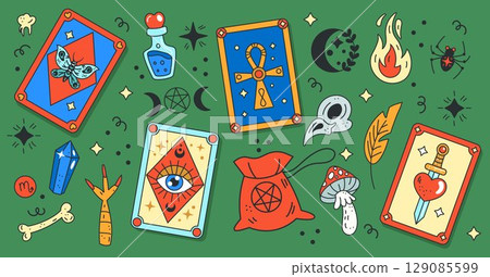 Tarot magic card stack. Sacred symbol. Mystical crescent. Spiritual hand drawn divination. Mystic ornament. Potion elixir bottle. Occult element. Astrology esoteric stickers set. Vector tidy doodle 129085599
