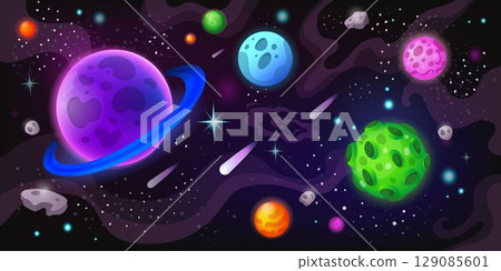 Neon space background. Planets in universe, galaxy wallpaper. Starry sky. Futuristic planetary system design. Cosmic asteroid, deep dark night, interstellar exploration. Vector tidy illustration 129085601