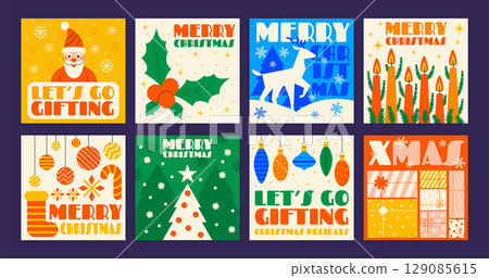 Christmas minimalist card. Xmas snowflake, tree with garland. New Year gift icon, winter poster. Social media post. Geometric holiday pattern. Vector garish contemporary print design isolated set Christmas minimalist card. Xmas snowflake, tree with garland. New Year gift icon, winter poster. Social media post. Geometric holiday pattern. Vector garish contemporary print design isolated set 129085615