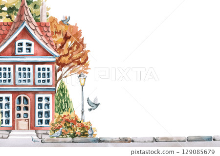 Rectangular frame with a red city house against the background of autumn trees. Isolated watercolor illustration for the design of seasonal menus, announcements, excursion posters, 129085679