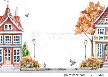 Rectangular frame with city houses against autumn trees. Isolated watercolor illustration for seasonal menus, announcements, excursion posters, postcard printing. 129085680
