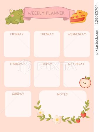 Weekly planner template with pie, frog and apple Weekly planner template with pie, frog and apple 129085704