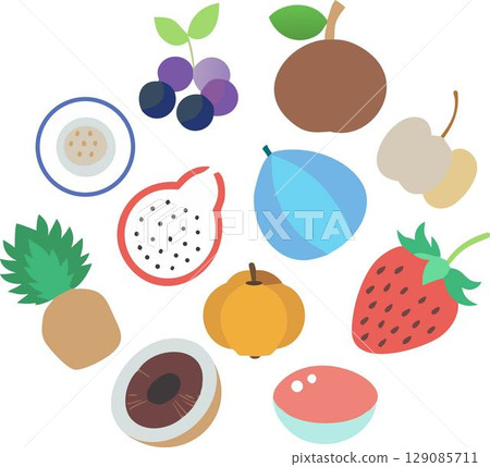 Flat illustration of assorted tropical and common fruits scattered on white background with clean bold outlines 129085711