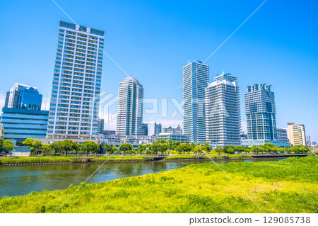 Yokohama cityscape in Japan. View of tower apartment buildings on the riverside of Yokohama. 129085738