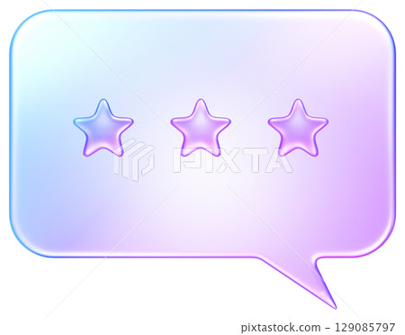 3D speech bubble icon with stars in translucent glass style, representing review, feedback, comment, rating, or communication. 3D speech bubble icon with stars in translucent glass style, representing review, feedback, comment, rating, or communication. 129085797
