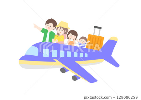 一家人搭飛機旅行的平面插圖 129086259