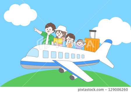 Illustration of a family of four traveling on an airplane Illustration of a family of four traveling on an airplane 129086260