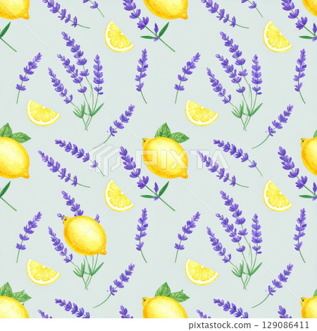 Seamless pattern design with lemon, flower, and leaf illustrations perfect for a vibrant summer nature background Seamless pattern design with lemon, flower, and leaf illustrations perfect for a vibrant summer nature background 129086411
