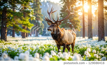 Red deer stag with large antlers in the wild forest Red deer stag with large antlers in the wild forest 129086418