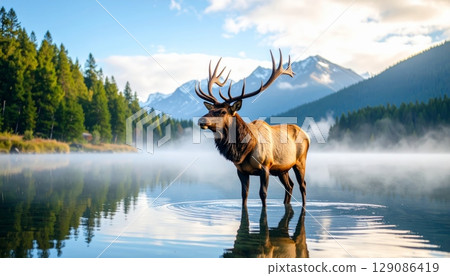 Red deer with antlers in a wild forest meadow, a majestic mammal of nature Red deer with antlers in a wild forest meadow, a majestic mammal of nature 129086419