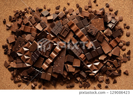 Various chocolates and candies, sweet confectionary collection, dessert background 129086423