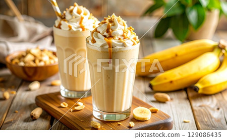 Creamy banana smoothie in a glass with chocolate swirls, a delicious cold dessert drink 129086435