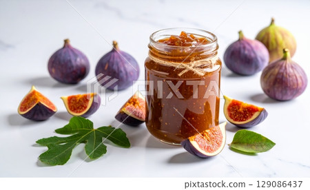 Fig jam in glass jar, fresh figs, marble table Fig jam in glass jar, fresh figs, marble table 129086437