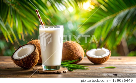 Fresh coconut milk drink in a glass on a beachside table 129086449