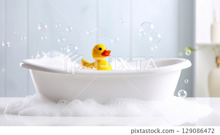 Yellow rubber duck toy floating in a child's bathwater Yellow rubber duck toy floating in a child's bathwater 129086472