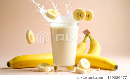 Refreshing banana smoothie in a glass, isolated on a white background, highlighting its fresh and healthy appeal as a delicious fruit drink Refreshing banana smoothie in a glass, isolated on a white background, highlighting its fresh and healthy appeal as a delicious fruit drink 129086477