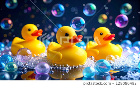 Yellow rubber ducks float playfully in a child's bath, a fun and classic toy for baby's bathtime Yellow rubber ducks float playfully in a child's bath, a fun and classic toy for baby's bathtime 129086482