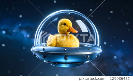 A fluffy yellow toy duckling in UFO 129086485