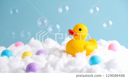 Yellow rubber duck toy floating in a child's bathwater Yellow rubber duck toy floating in a child's bathwater 129086486