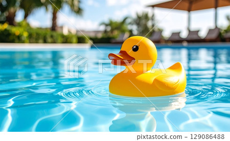 Yellow rubber duck toy floating in a blue swimming pool, bringing a splash of fun Yellow rubber duck toy floating in a blue swimming pool, bringing a splash of fun 129086488