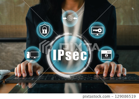 Visual representation of IPsec technology highlighting secure digital communication and network protection. 129086519