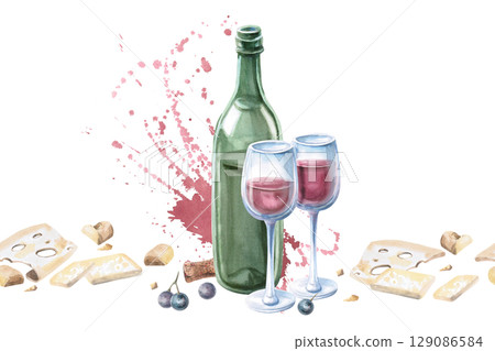 Seamless border with wine bottle, cheese and splashes. Isolated watercolor illustration for textile design for kitchen, tableware, interior, printing on posters for harvest festival, Wine Day. Seamless border with wine bottle, cheese and splashes. Isolated watercolor illustration for textile design for kitchen, tableware, interior, printing on posters for harvest festival, Wine Day. 129086584