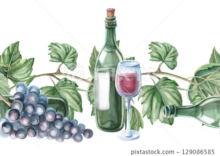 Seamless border with grapevine and bottle of wine. Isolated watercolor illustration for decorating kitchen textiles, tableware, interior design, printing on posters for harvest festival, Wine Day. 129086585