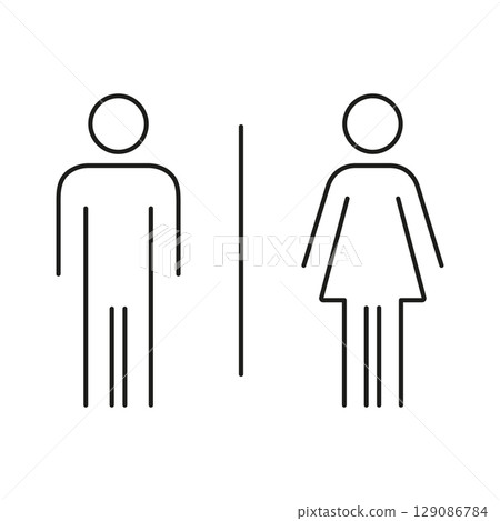 Male And Female Restroom Sign Icon. Man and Woman WC Line Symbol. Public Facility, Restroom Direction, And Gender Identification Outline. Editable Stroke. Isolated Vector Illustration 129086784