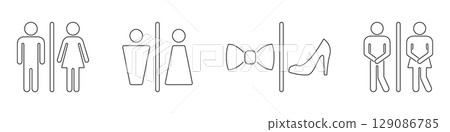 Restroom Gender Symbols Line Icon Set. Male And Female Bathroom Sign Outline Symbol Collection. Unisex, Formal Attire and Urgency Indicators. Editable Stroke. Isolated Vector Illustration 129086785