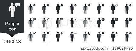 People Icon Solid Icon Set. User Interaction, Communication, And Profile Management Silhouette Symbol Collection. Symbols For Messaging, Security, And Preferences. Isolated Vector Illustration 129086789