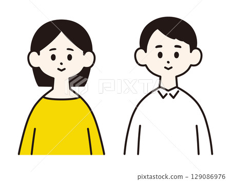 年輕夫婦，正面上身，簡單而平面的插圖 129086976