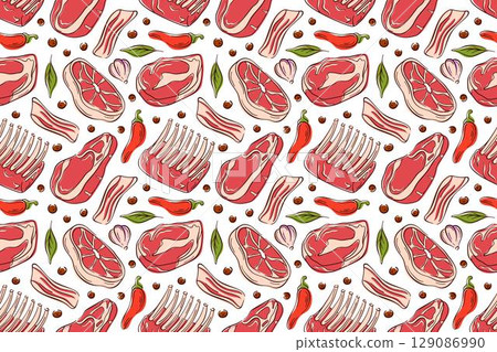 Seamless pattern with meat cut, bacon, ribs, steak, chili pepper garlic, onion and herb leaf in flat style on white background. Perfect for butcher packaging, kitchen decor, food menu, grill Seamless pattern with meat cut, bacon, ribs, steak, chili pepper garlic, onion and herb leaf in flat style on white background. Perfect for butcher packaging, kitchen decor, food menu, grill 129086990
